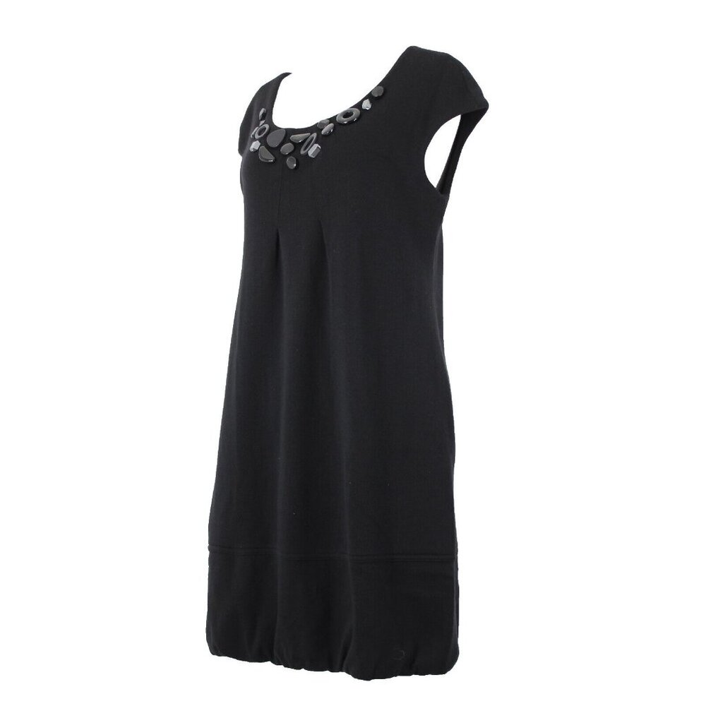Vince Sz M Black Beaded Neck Pockets 100% Wool Knee Length Dress